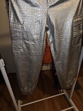 Metallic Silver Croc-Texture Faux Leather Cargo Joggers NAKED WARDROBE